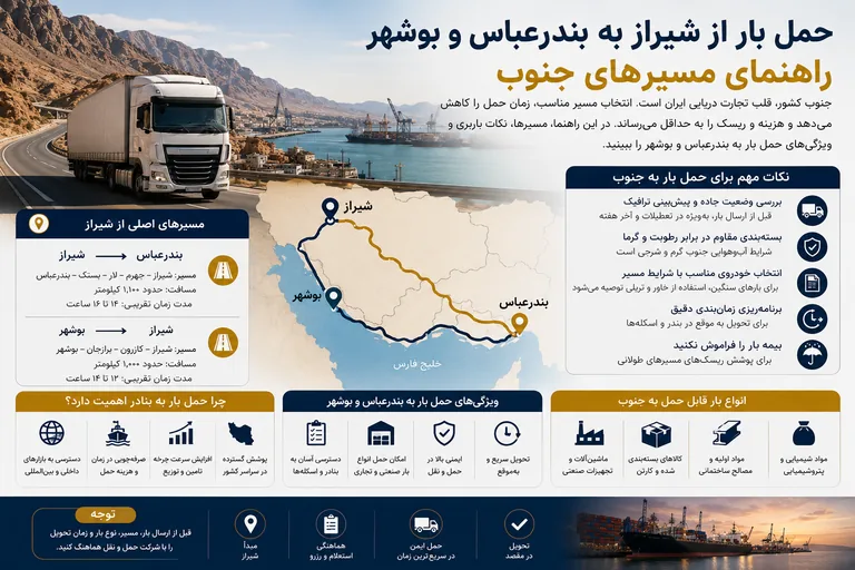 مسیر حمل بار شیراز به بوشهر و بندرعباس